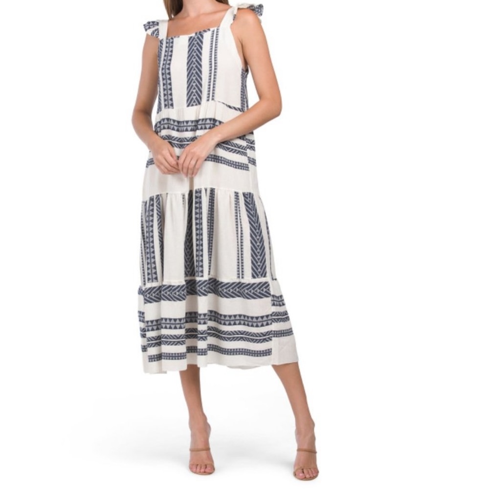 CATERINA RICCI White/navy Made In Italy Striped Pattern Maxi Dress XL